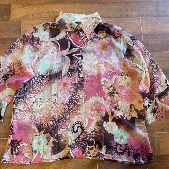 Liz Baker Beautiful Floral Chiffon Top 20W Sheer Over Shirt/Shrug Fairy Core - Picture 2 of 5